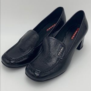 Prada Crinkled Leather Heeled Loafers